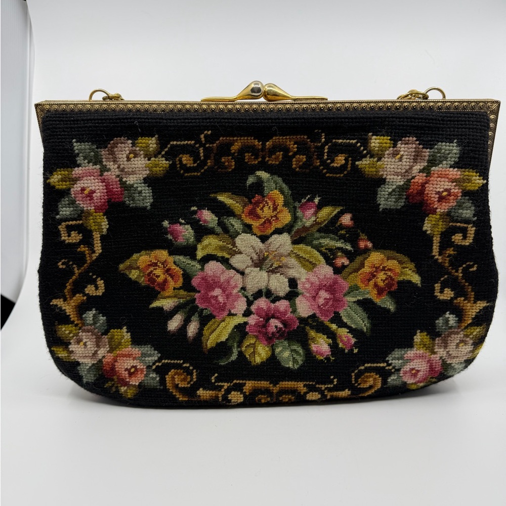 Vintage Floral Needlepoint purse Black with Pink & Yellow Roses